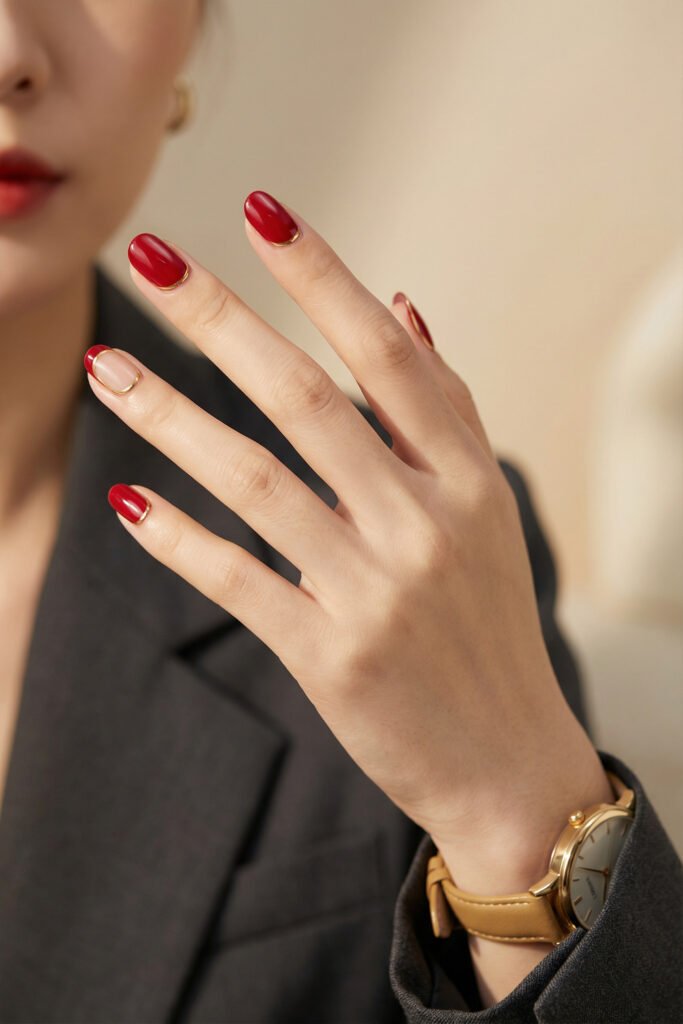 Chic Gold and Red Nails for a Bold, Polished Look 15 Hand raised near the face with glossy red oval nails and a nude accent nail framed in gold with a watch and charcoal blazer