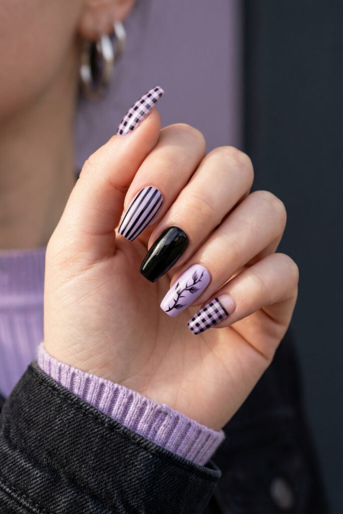 Purple gingham, black polish, and fine branch art on coffin nails create a trendy spring goth nails manicure with soft grunge contrast.
