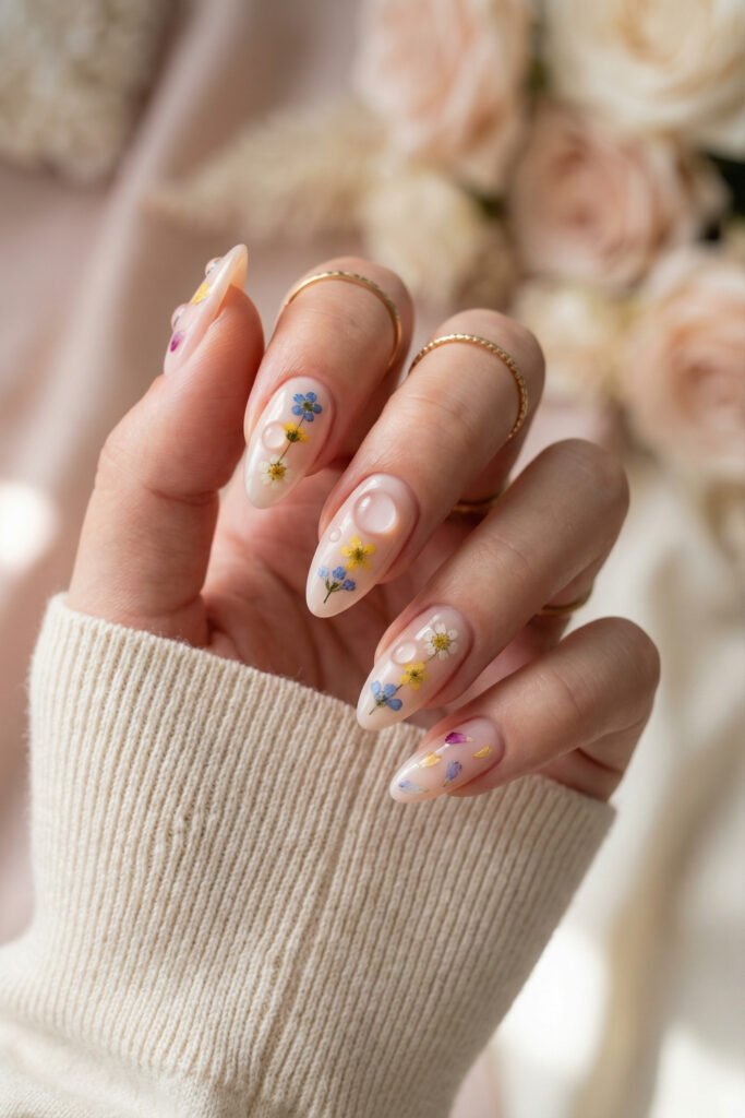 Spring Summer Nails That Feel Fresh and Easy 12 Sheer nude spring summer nails with tiny pressed flowers, glossy 3D dew drops, and soft ivory tips for a romantic floral manicure.