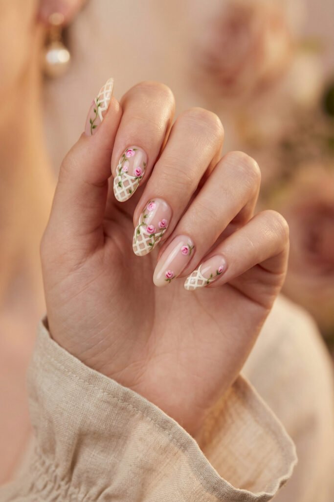 Close-up of floral spring nails with delicate pink rosebuds, white lattice tips, and glossy nude almond nails in a vintage-inspired design.
