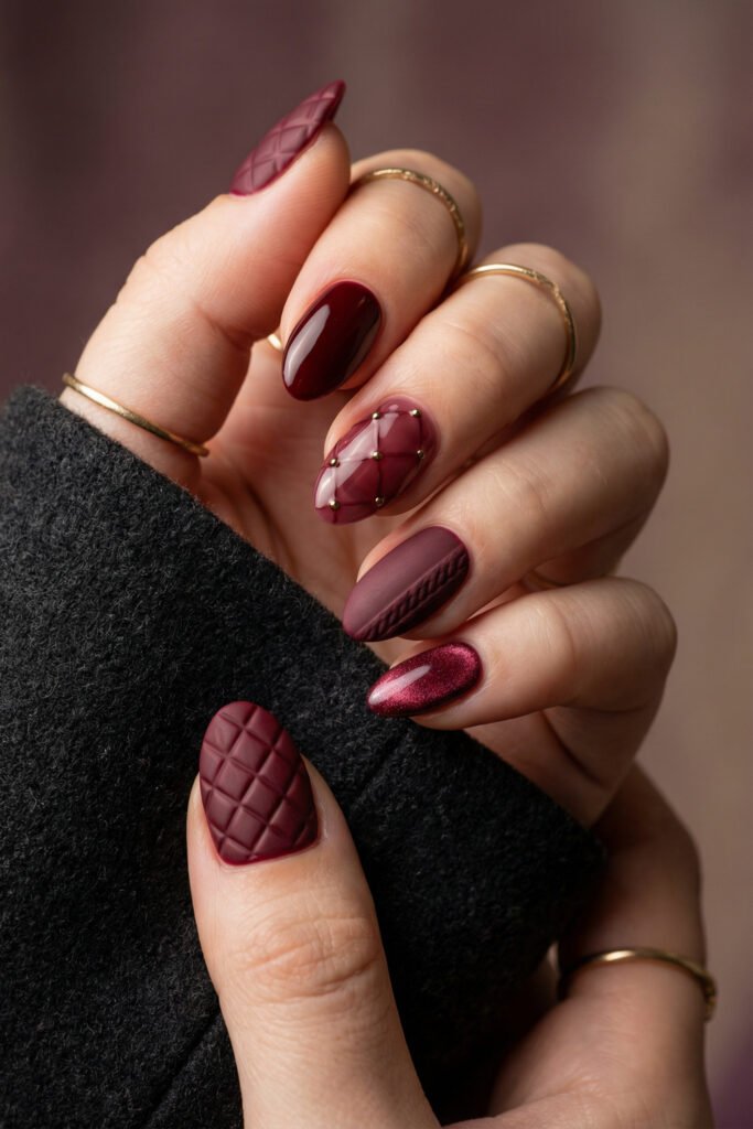 Textured fall red nails in deep burgundy with quilted details, gold studs, matte knit-inspired accents, and a shimmering berry nail.
