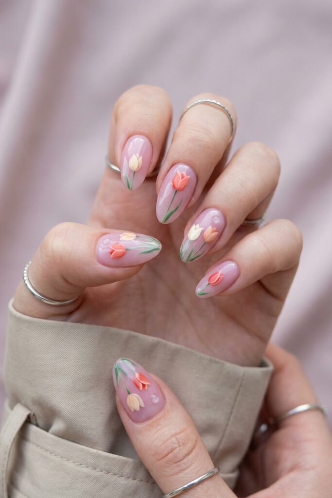 Pink floral spring nails with raised tulip art in coral and cream, long green stems, and glossy dew-drop accents on almond nails.
