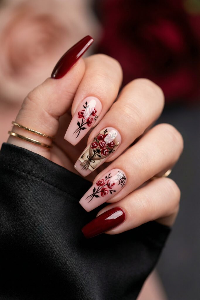 Blush pink and burgundy coffin nails with red rose art, bouquet detail, and a tiny spider web for a romantic spring goth nails design.

