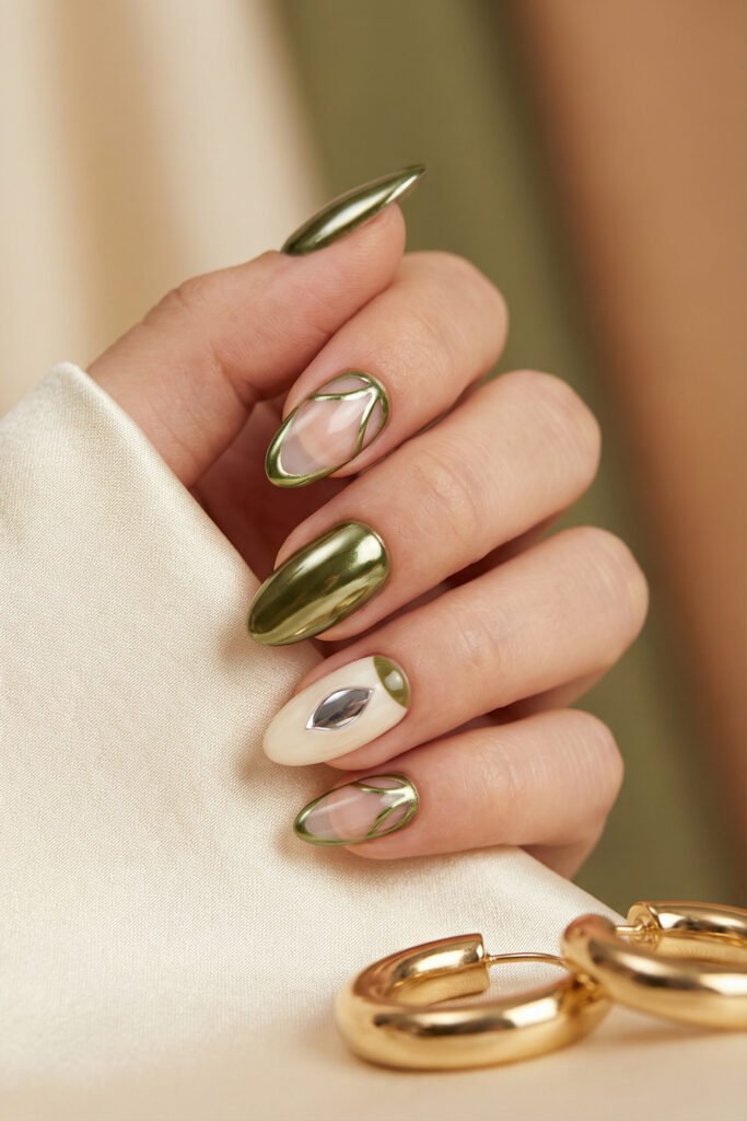 Spring Summer Nails That Feel Fresh and Easy 13 Olive chrome spring summer nails with metallic mirror shine, abstract negative space accents, and an ivory feature nail with silver detail.