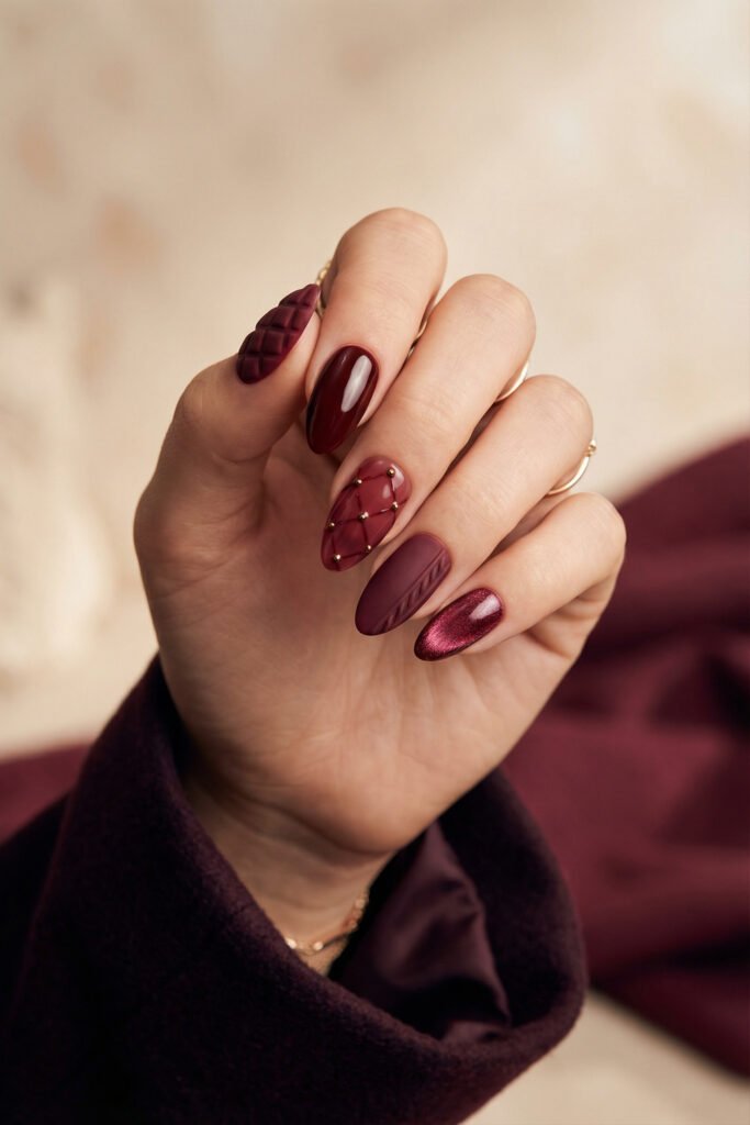 Moody fall red nails with burgundy gloss, quilted sweater textures, gold stud accents, matte plum details, and a berry shimmer finish.
