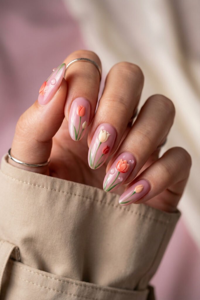 Glossy pink floral spring nails with coral and ivory tulips, soft green stems, and water-drop details for a fresh spring manicure.
