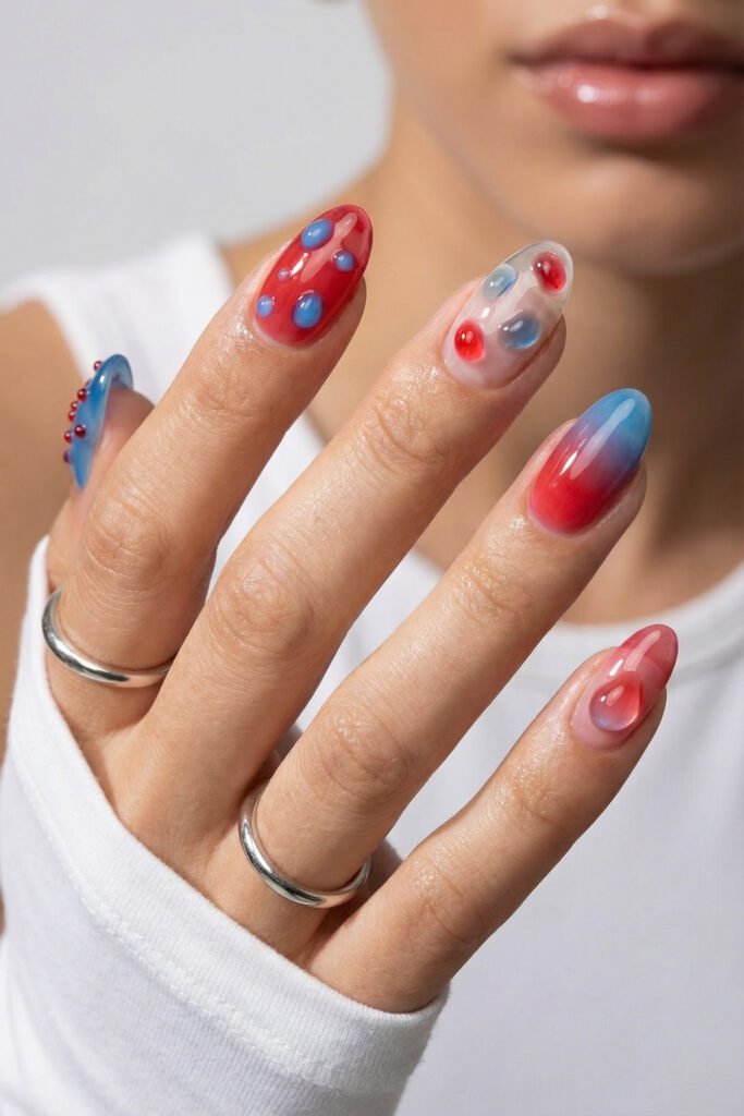 Almond blue and red nails with translucent jelly bases, soft gradient blending, and raised 3D bubble accents for an editorial manicure look
