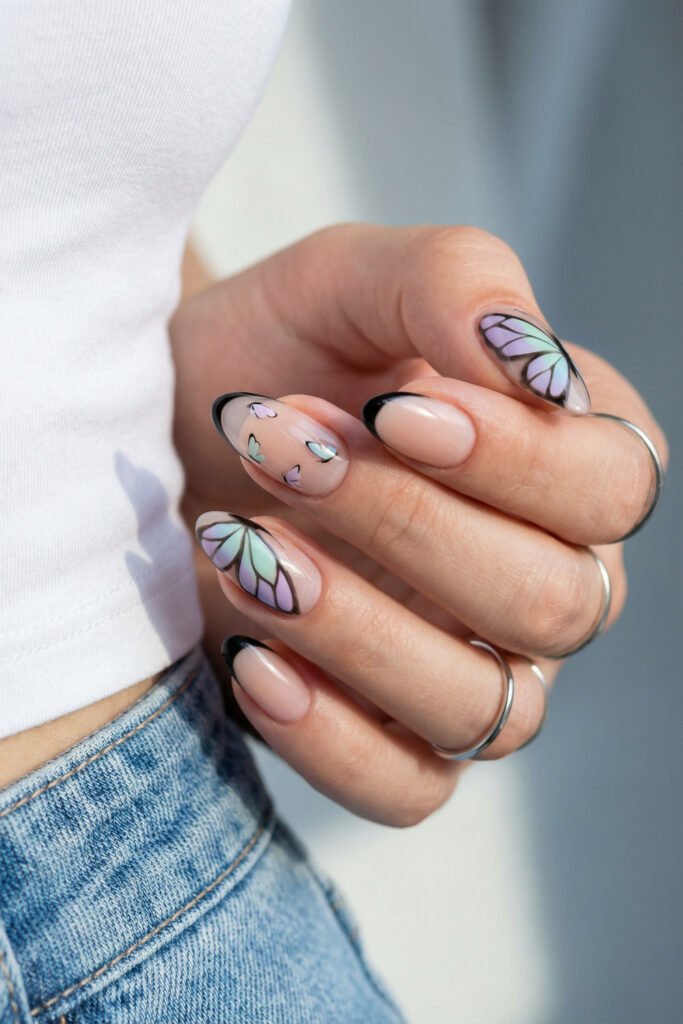 Butterfly edgy spring nails with pastel lilac and mint wing art, black French tips, and sheer nude almond nails.

