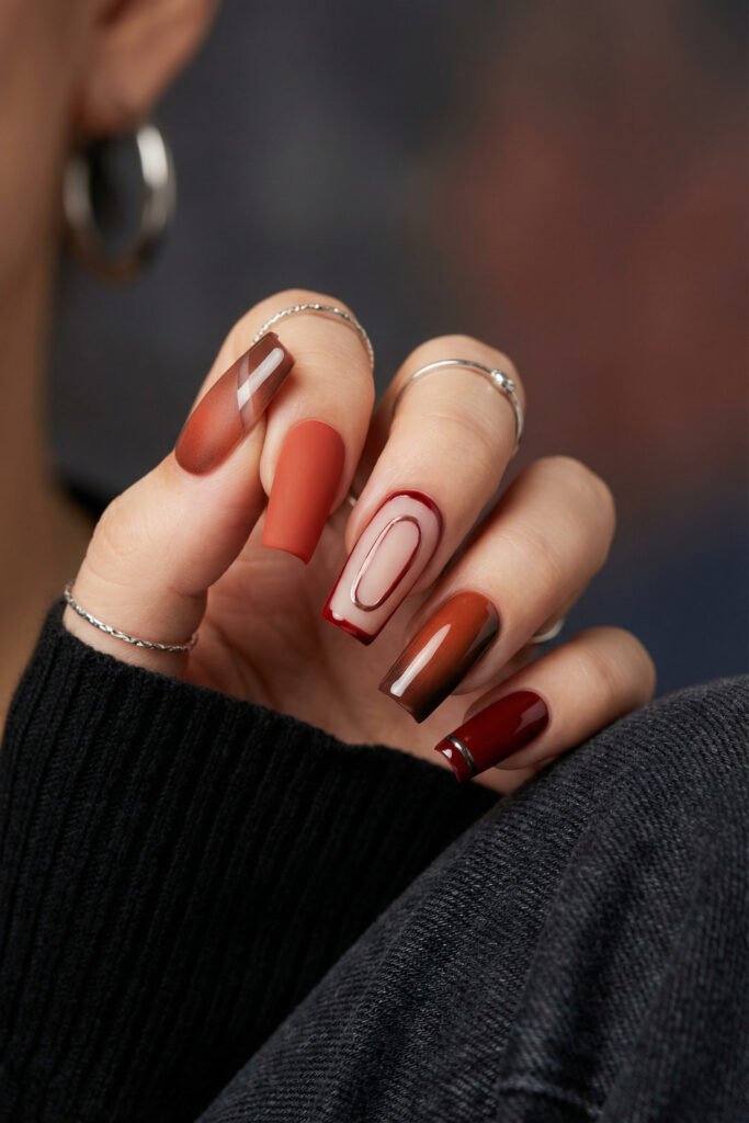 Long square fall red nails with matte burnt orange, glossy brown ombré, a nude outlined accent, and a red tip with metallic detail.
