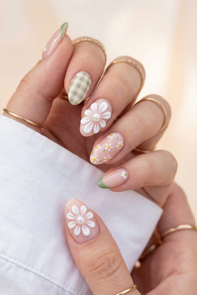 Sage green floral spring nails with gingham, tiny white daisies, green French tips, and a raised pearl-centered daisy accent.
