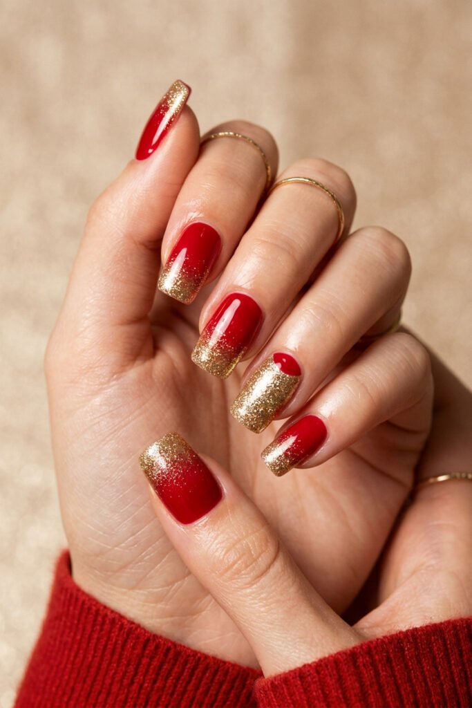 Chic Gold and Red Nails for a Bold, Polished Look 18 Close up of a hand with glossy red square nails fading into gold glitter tips with thin rings and a red sweater sleeve against a warm beige background
