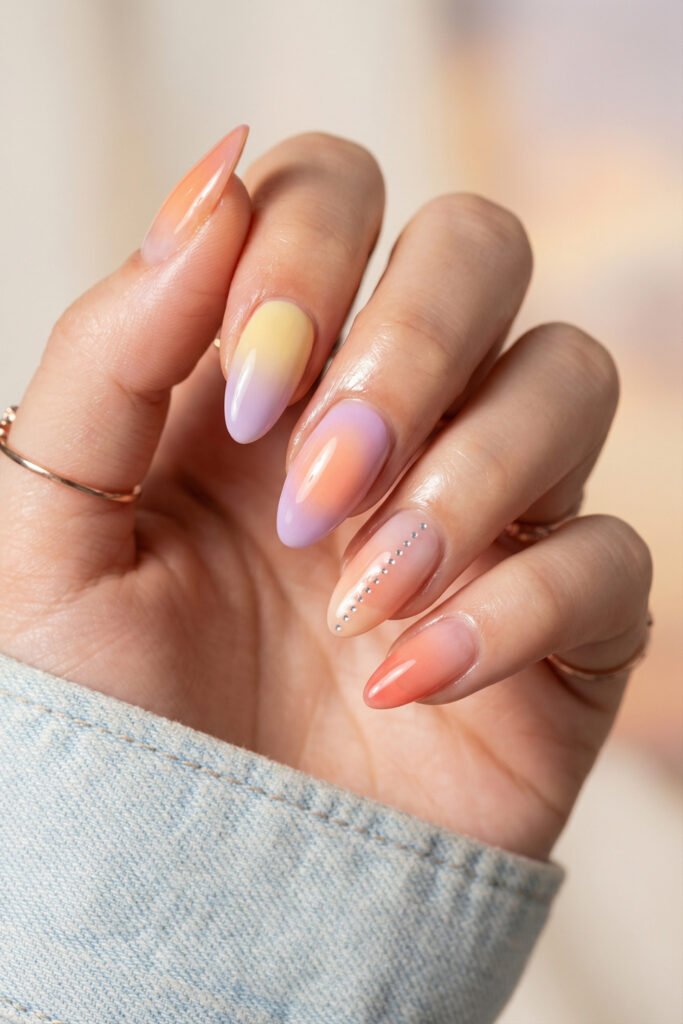 Spring Summer Nails That Feel Fresh and Easy 15 Pastel ombré spring summer nails in peach, lilac, and butter yellow with a rhinestone accent line and glossy almond shape.
