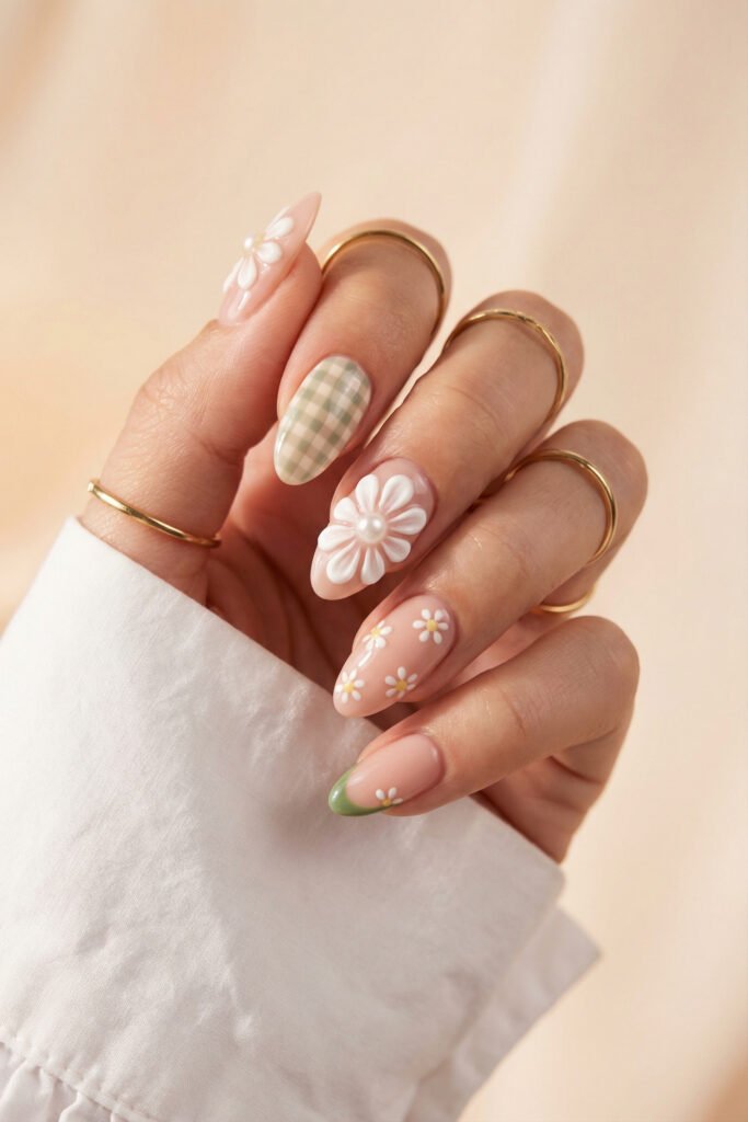 Almond floral spring nails with sage gingham, mini daisy art, green tips, and 3D white flowers with pearl centers on a nude base.