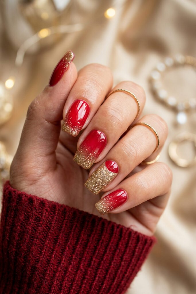 Chic Gold and Red Nails for a Bold, Polished Look 19 Close up of a hand with glossy red square nails fading into gold glitter tips with thin rings and a red sweater against a festive soft focus background