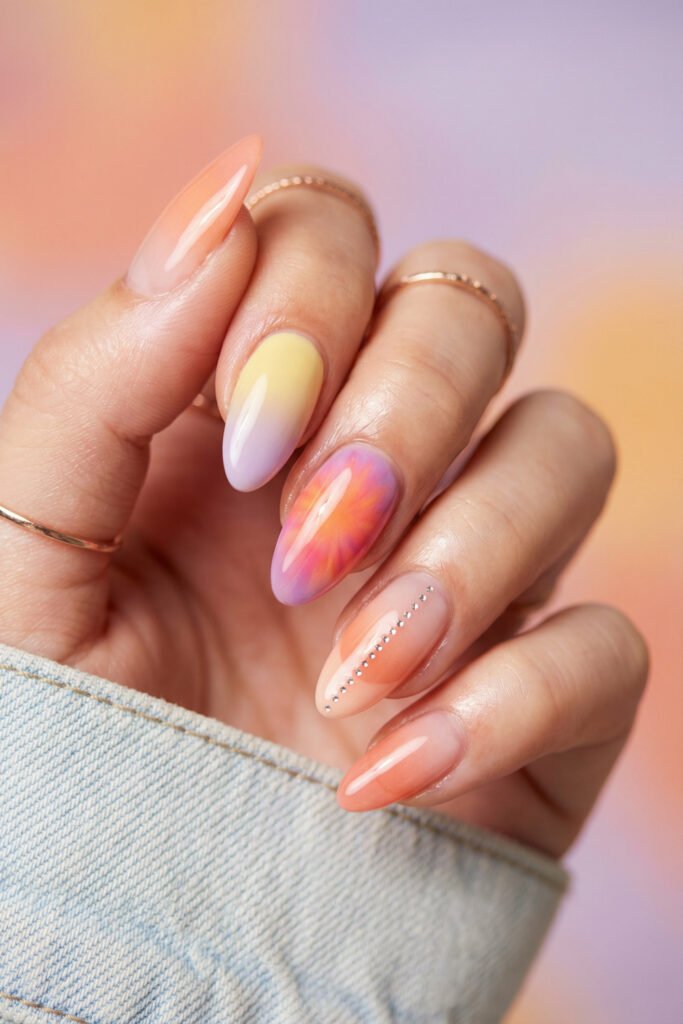Spring Summer Nails That Feel Fresh and Easy 16 Sunset-inspired spring summer nails with lilac and yellow ombré, a bright coral floral aura accent, and a delicate rhinestone detail.